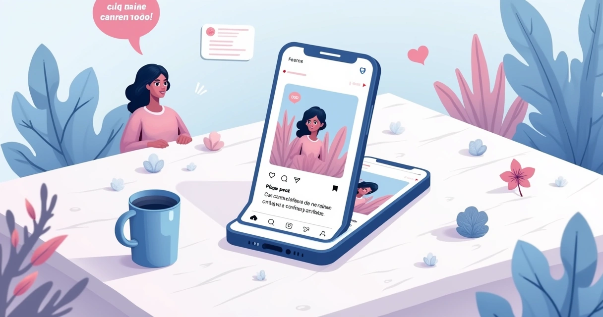 Smartphone com Instagram aberto mostrando post com poucas interações em fundo de mesa e caderno.