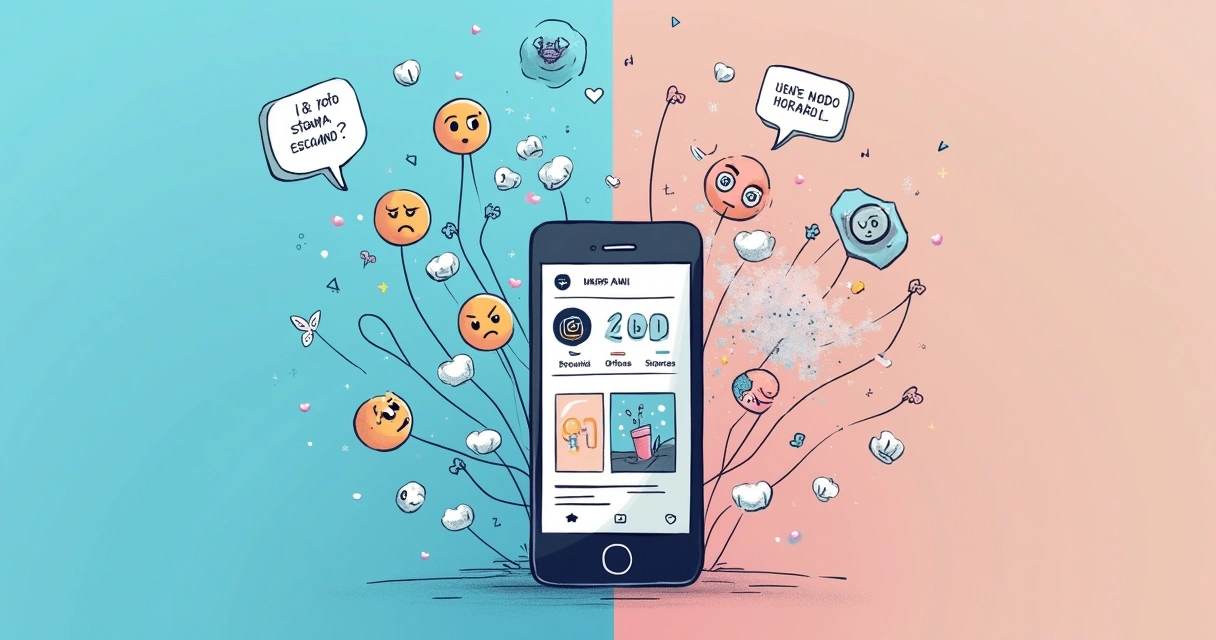 Smartphone exibindo postagem flopada no Instagram, com emojis tristes e notas adesivas reflexivas sobre engajamento.