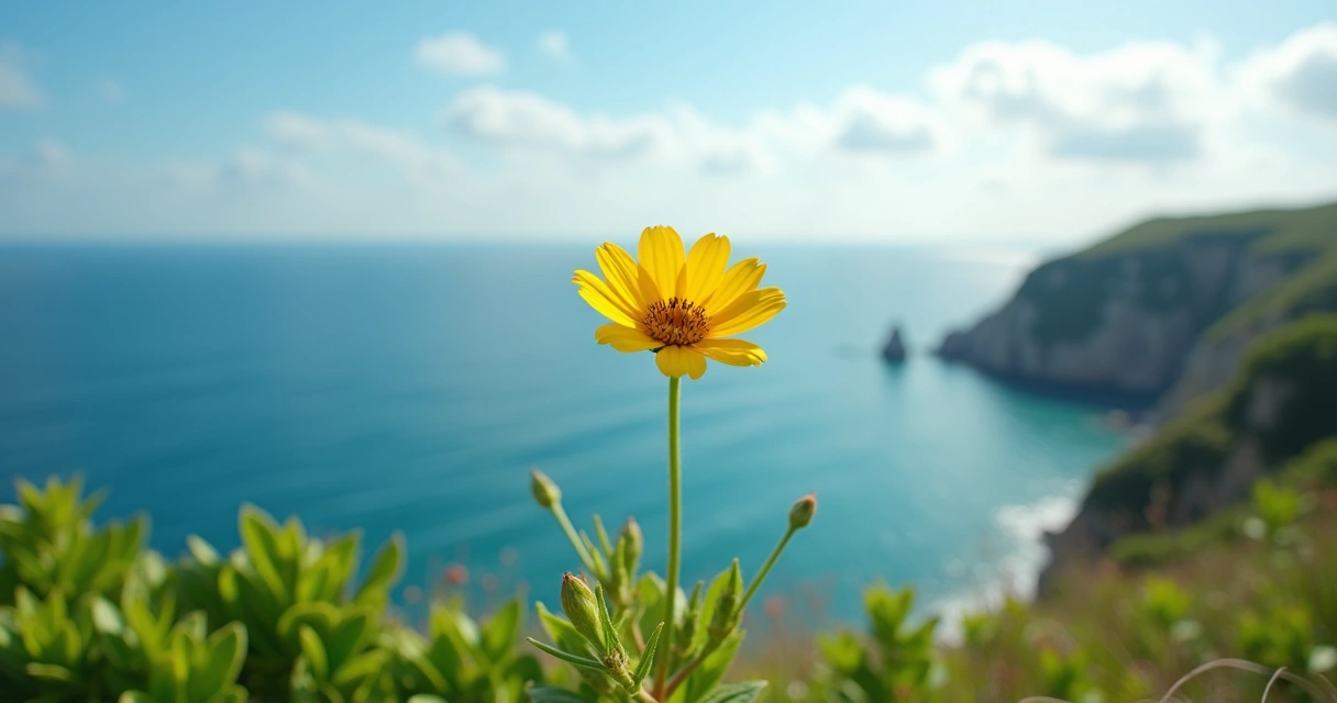 Paisagem com flor amarela vibrante em primeiro plano e mar calmo ao fundo sob céu azul claro 