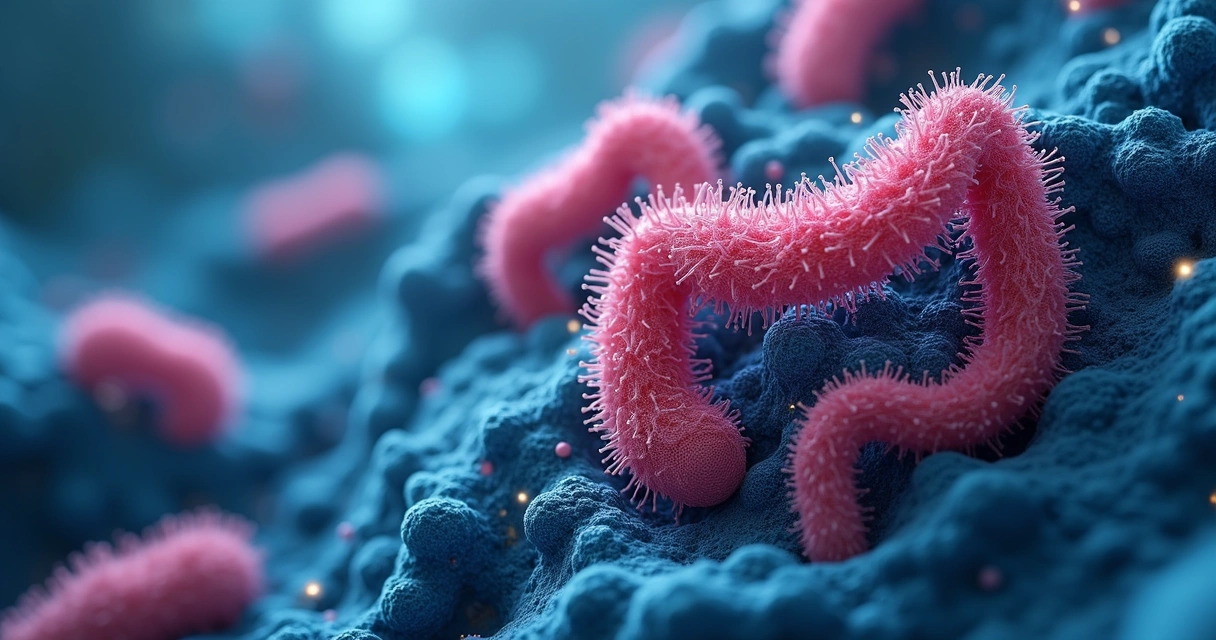 Bactérias microscópicas coloridas formando o formato do intestino em fundo azul