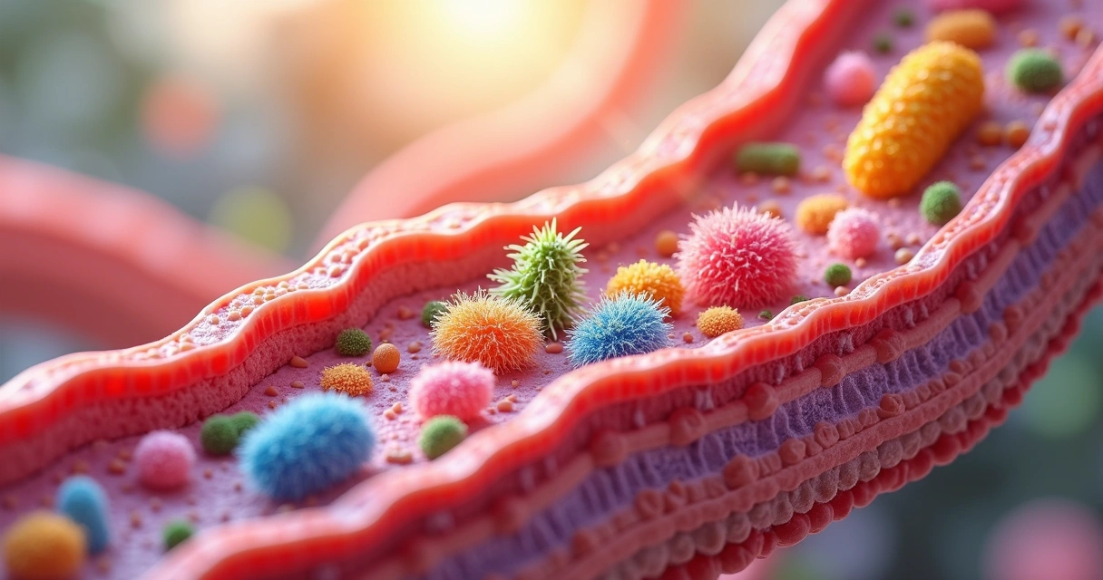 Bactérias coloridas e células intestinais representando a microbiota intestinal