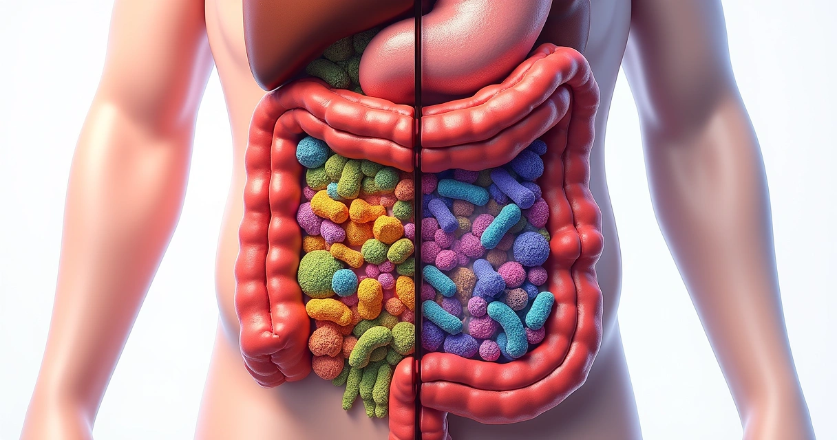 Composição ilustrativa mostrando bactérias intestinais equilibradas e desequilibradas no intestino