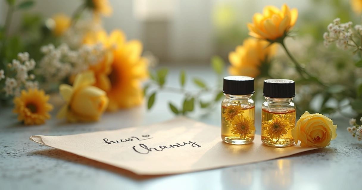 Frascos de florais de Bach ao lado de flores frescas e um bilhete romântico. 