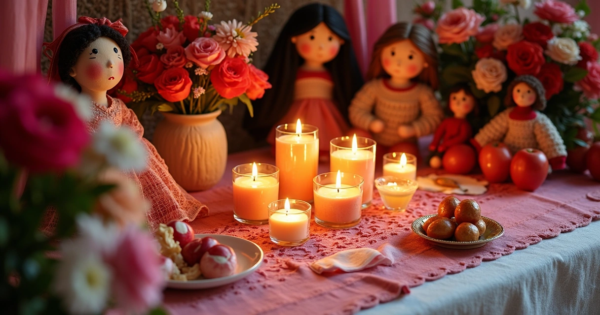 Altar com flores, bonecas, fitas vermelhas e velas acesas