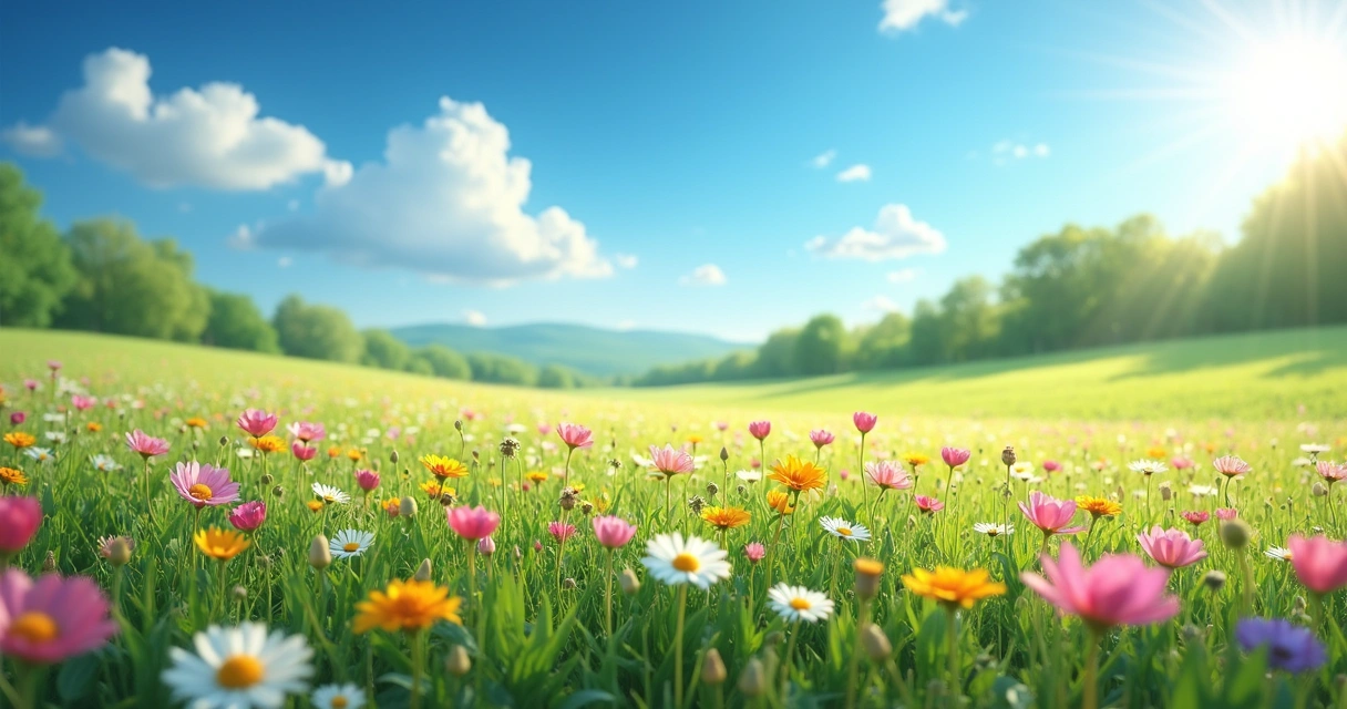 Flores de campo coloridas sob céu azul de primavera 