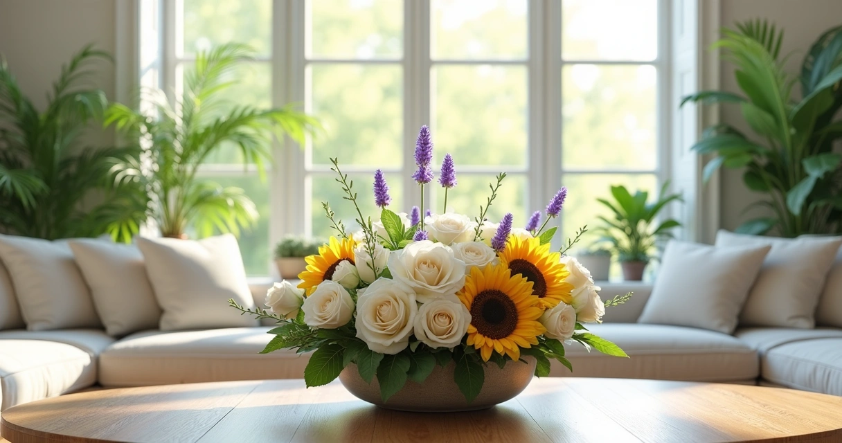 Arranjo de flores em sala iluminada 