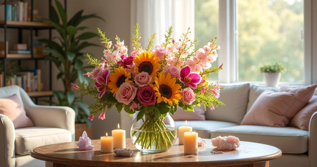 Vaso de flores coloridas em sala iluminada com detalhes espirituais 