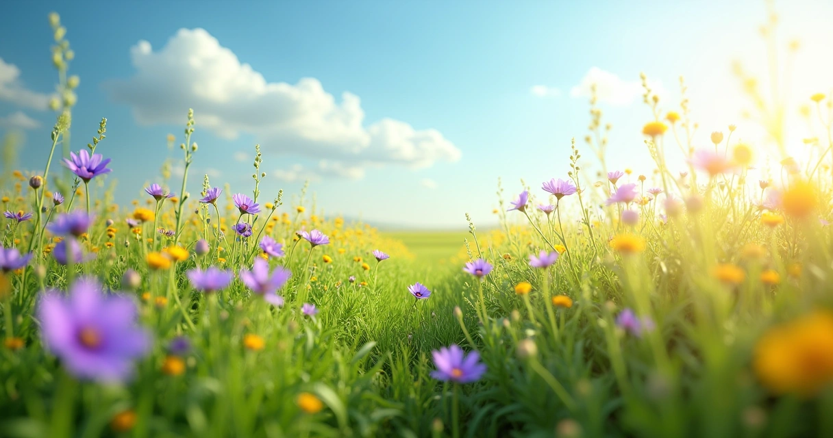 Campo de flores silvestres roxas e amarelas sob céu claro 