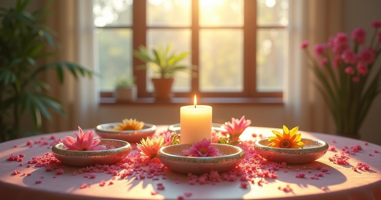 Mesa de ritual com diferentes flores, cristais e vela acesa