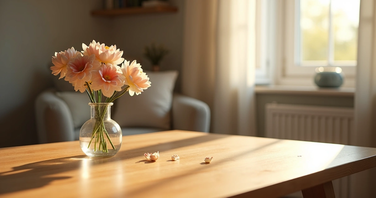 Flores tranquilas em vaso sobre uma mesa iluminada