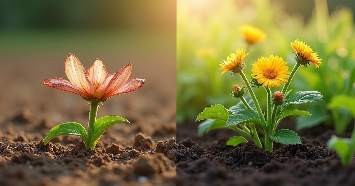 À esquerda flores murchas, à direita um ramo com flores vivas em um jardim 