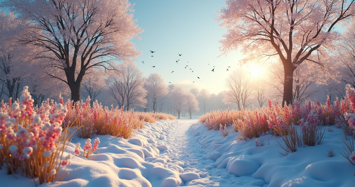 Jardim florido ao nascer do sol, com árvores ainda mostrando restos de neve derretida. 