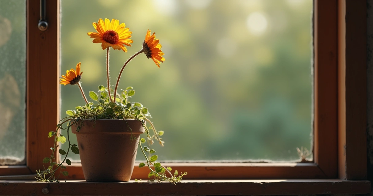 Brotos de flores douradas e alaranjadas surgindo entre folhas verdes em um vaso envelhecido 