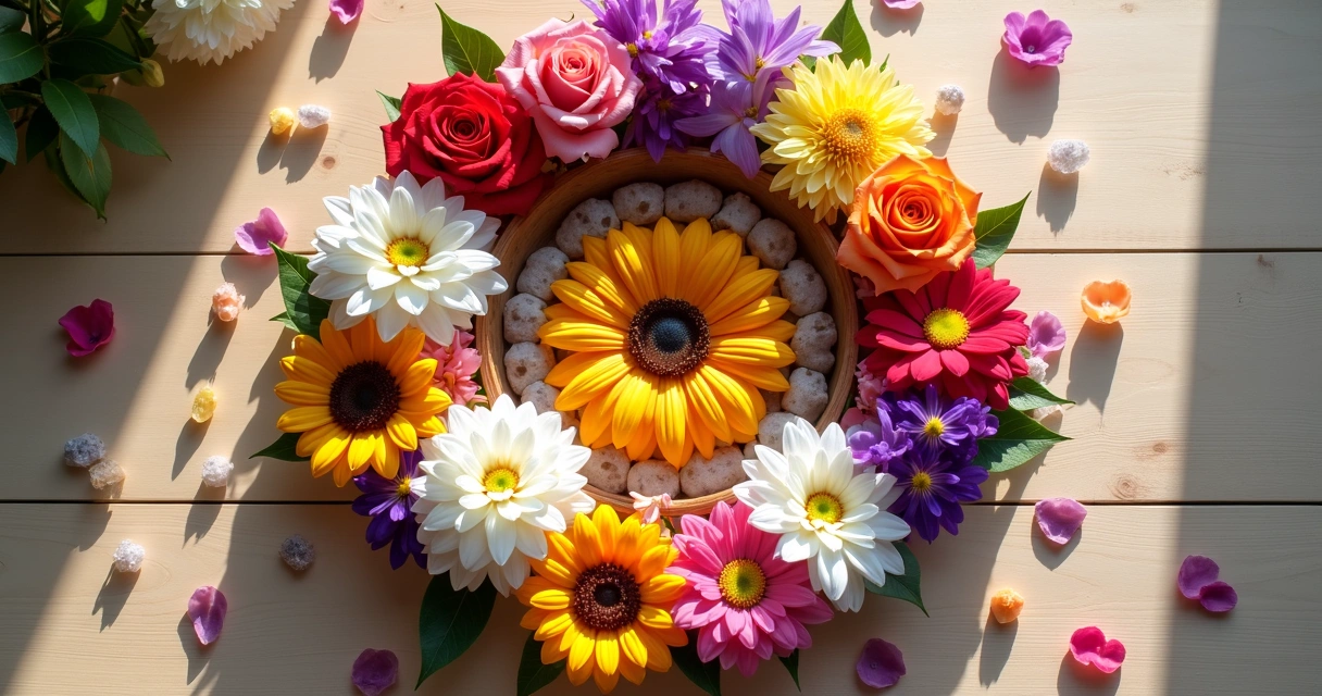 Arranjo de flores coloridas em círculo sobre superfície de madeira clara 