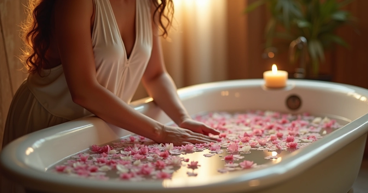 Banho energético com pétalas de flores espalhadas e vela acesa