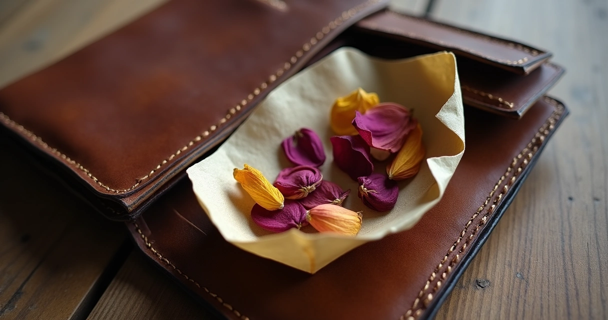Flores secas protegidas dentro de carteira de couro aberta 