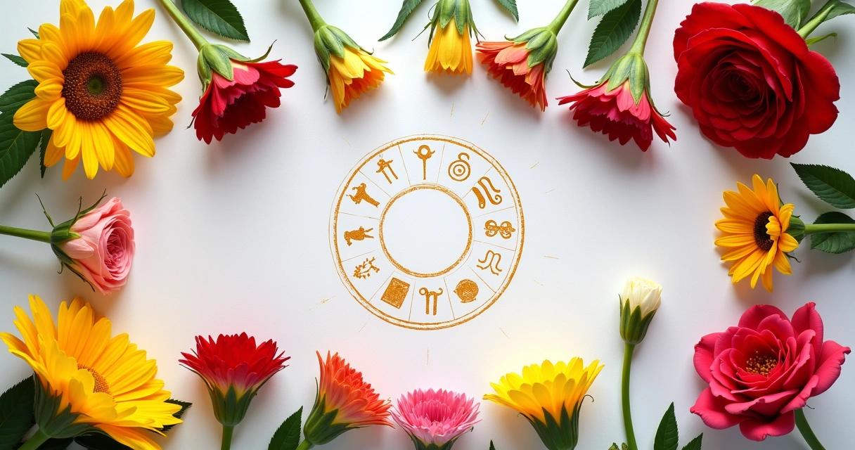 Flores coloridas dispostas em roda ao redor dos símbolos de signos do zodíaco