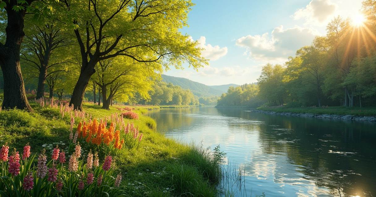 Folhas e flores surgindo em galhos de árvores no verão 