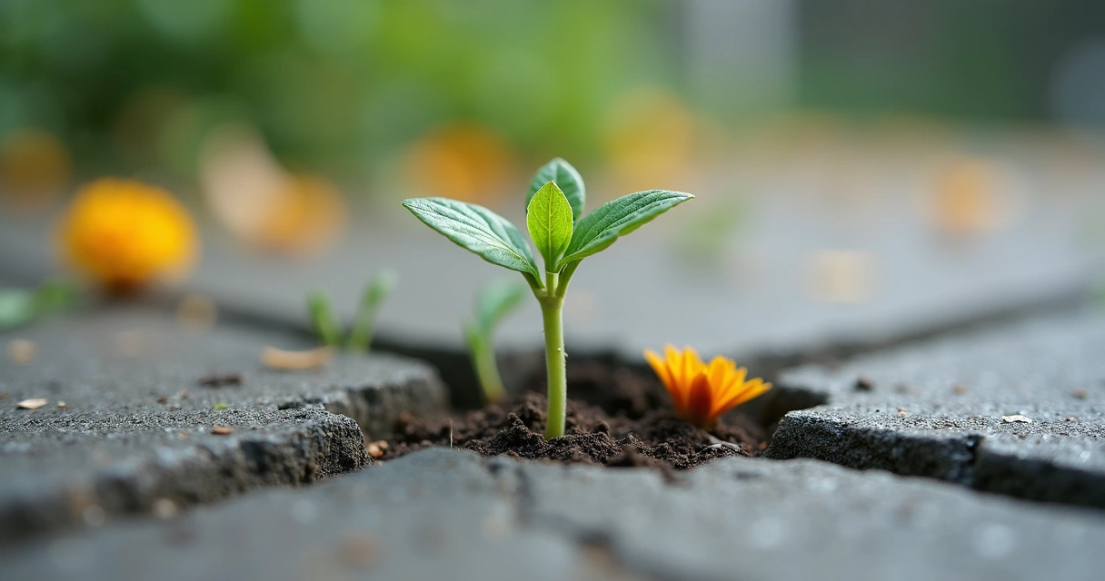 Broto rompendo o solo de concreto com pequenas flores 