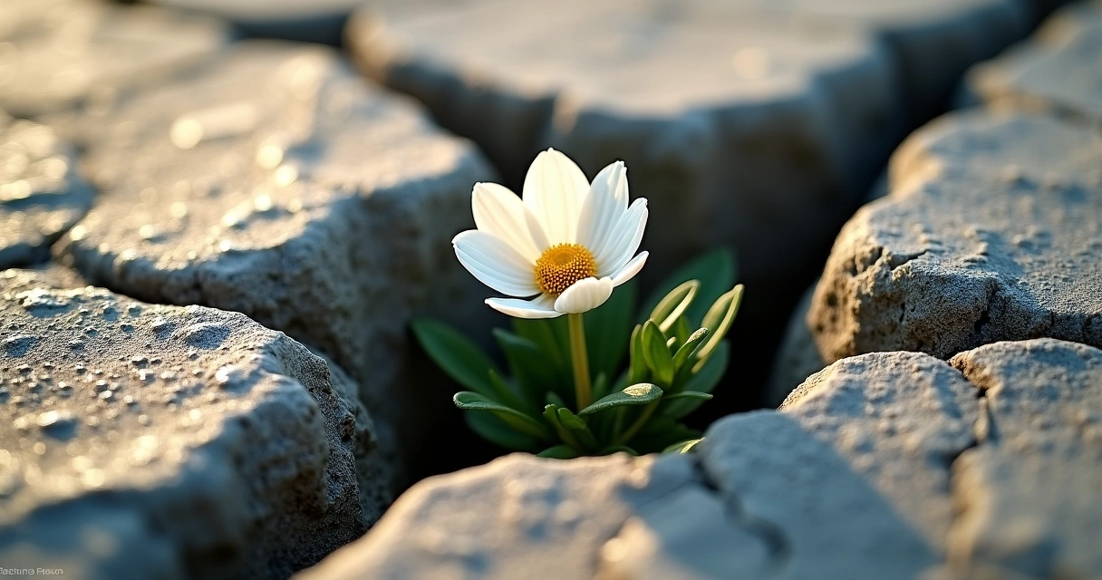 Flor branca nascendo entre rachadura de pedra cinza. 