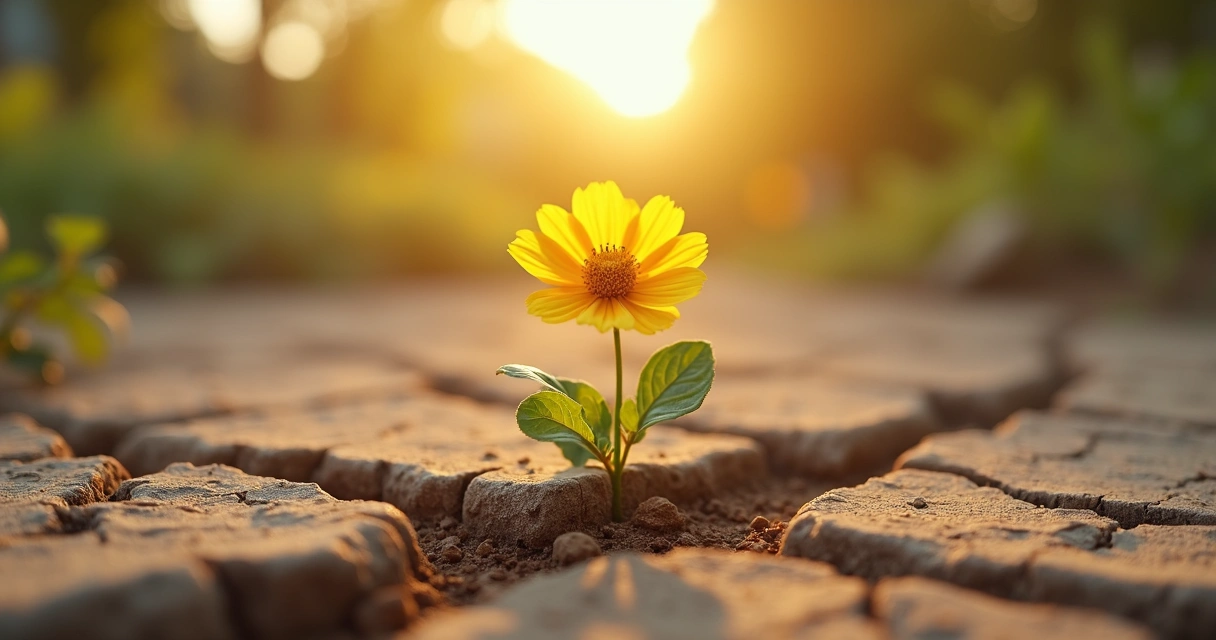 Um solo rachado onde cresce uma flor, mostrando resiliência na natureza. 