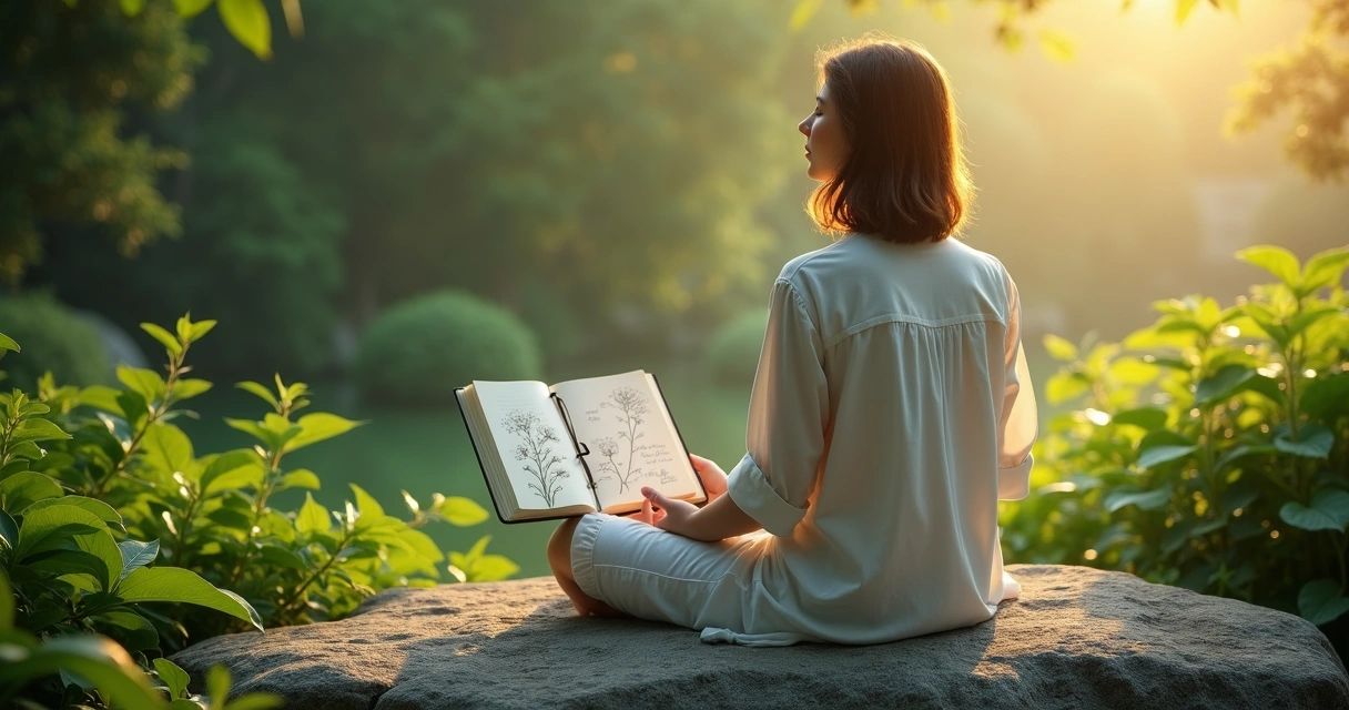 Pessoa em meio à natureza com expressão tranquila