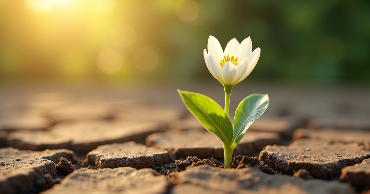 Flor brotando do solo com rachaduras 