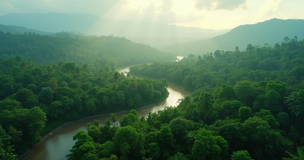 Vista aérea ultra detalhada da floresta amazônica densa com rios serpenteando entre as árvores verdes 