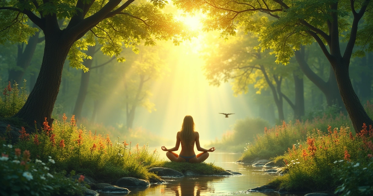 Uma cena serena em uma floresta ao amanhecer, com uma figura meditando no centro de um claro tranquilo.