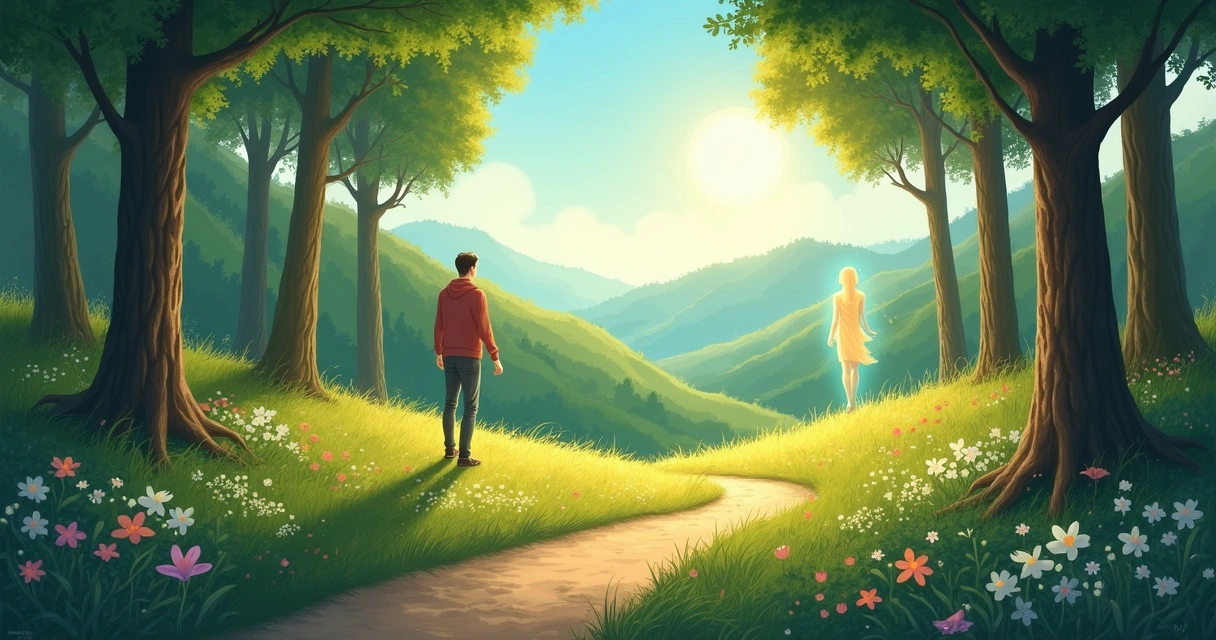 Uma ilustração serena de uma floresta com dois caminhos e uma figura etérea simbolizando a intuição.