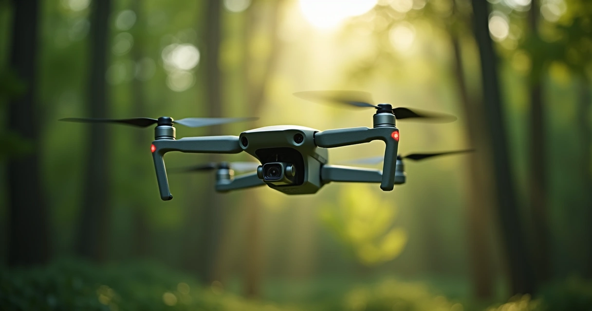 Drone sobrevoando floresta para monitoramento de carbono 