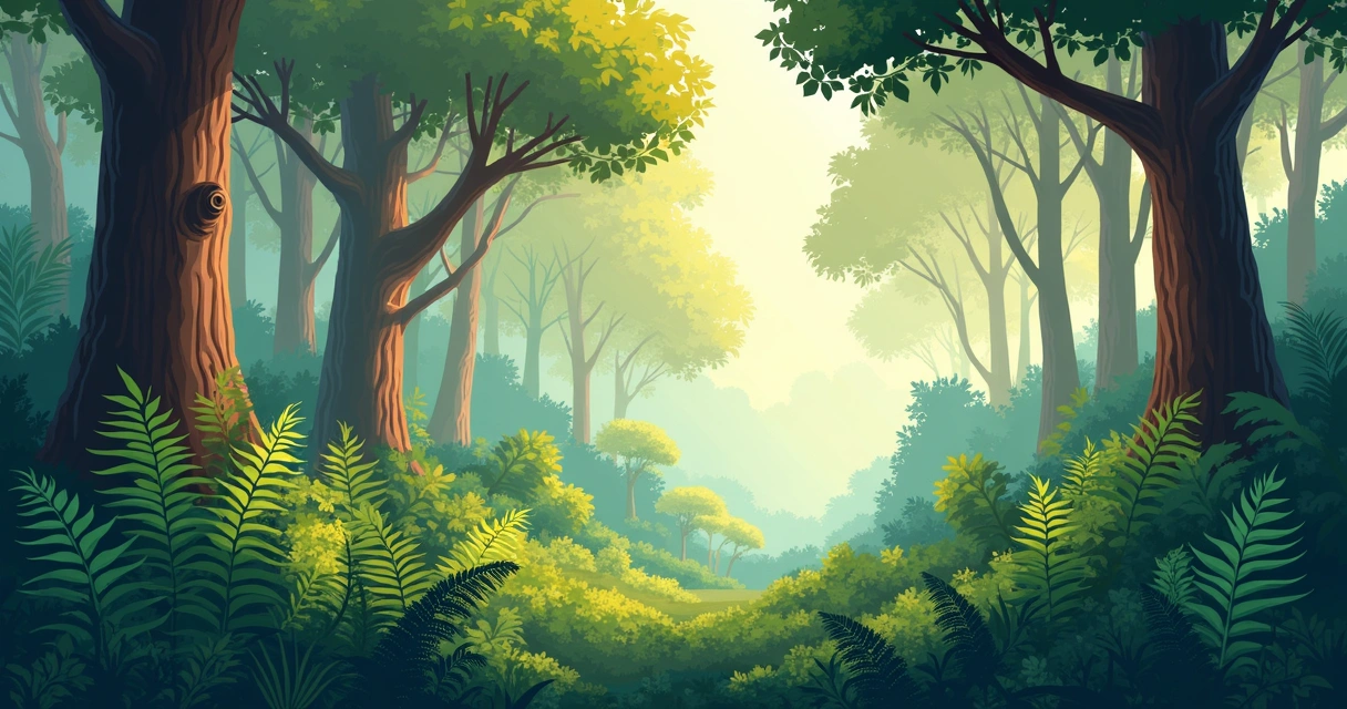 Paisagem de floresta pré-histórica com samambaias, cicadófitas e grandes árvores coníferas 