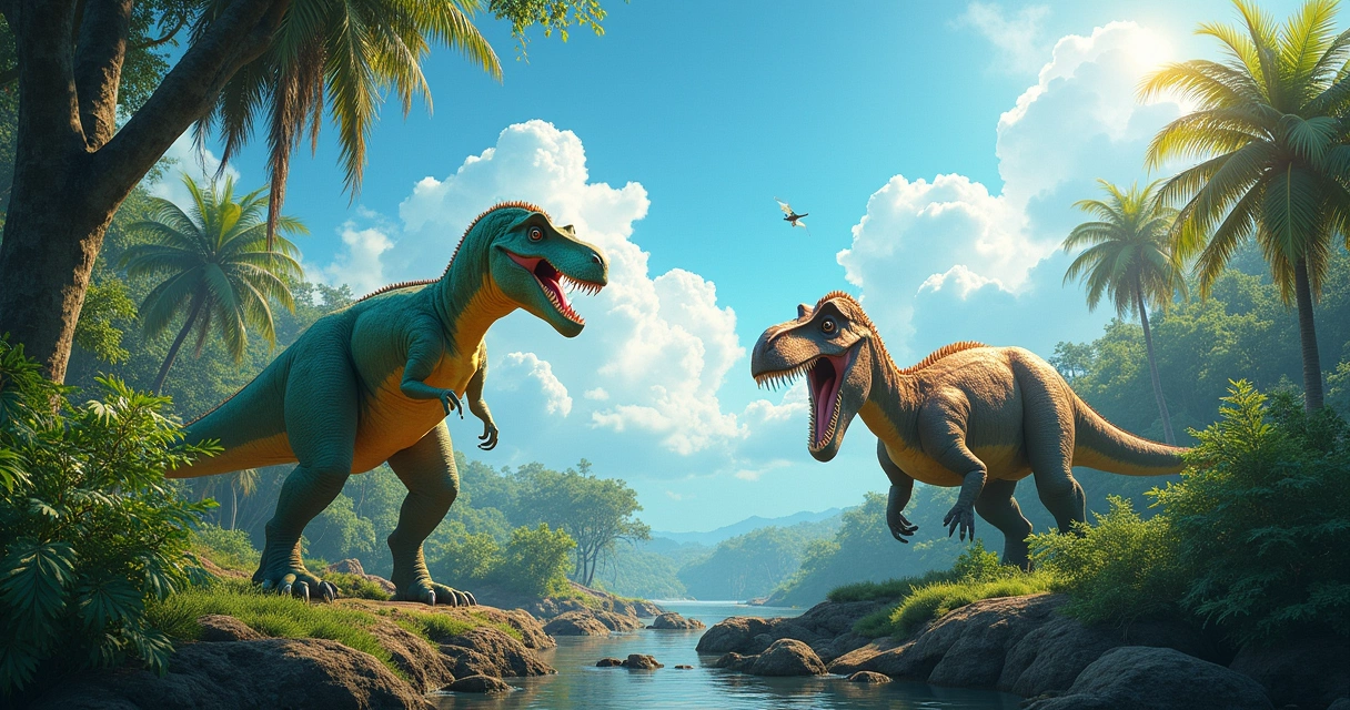 Floresta pré-histórica com dinossauros, destacando APEX e fósseis em um ambiente vibrante.