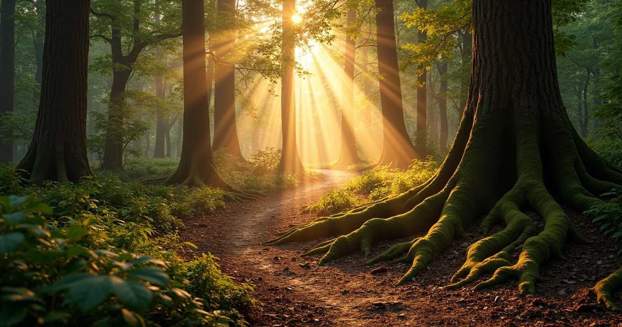 Floresta tranquila com raízes expostas iluminadas pela luz do sol 