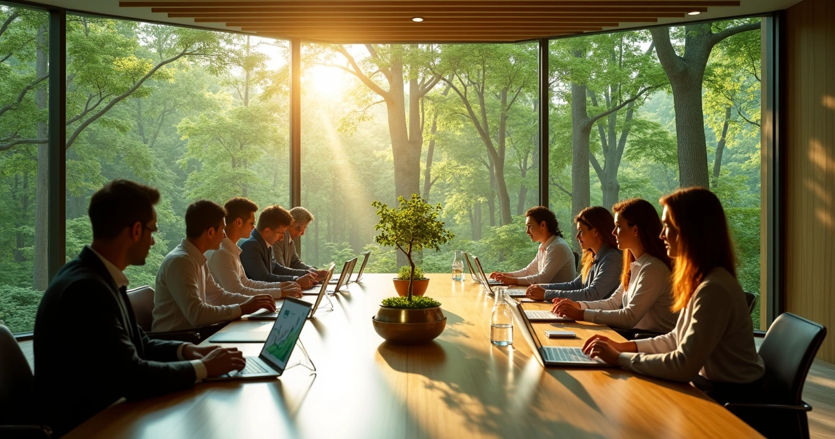 Sala de reunião moderna com mesa em formato de folha integrada a uma floresta ao redor 