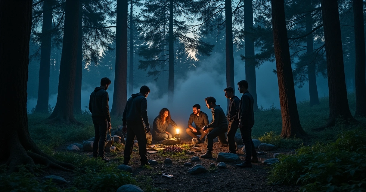 Grupo de pessoas em uma floresta densa e sombria ao crepúsculo, cercado por suprimentos e sombras.