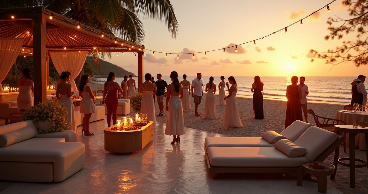 Réveillon elegante em Jurerê, iluminação sofisticada, grupos brindando, mar ao fundo 