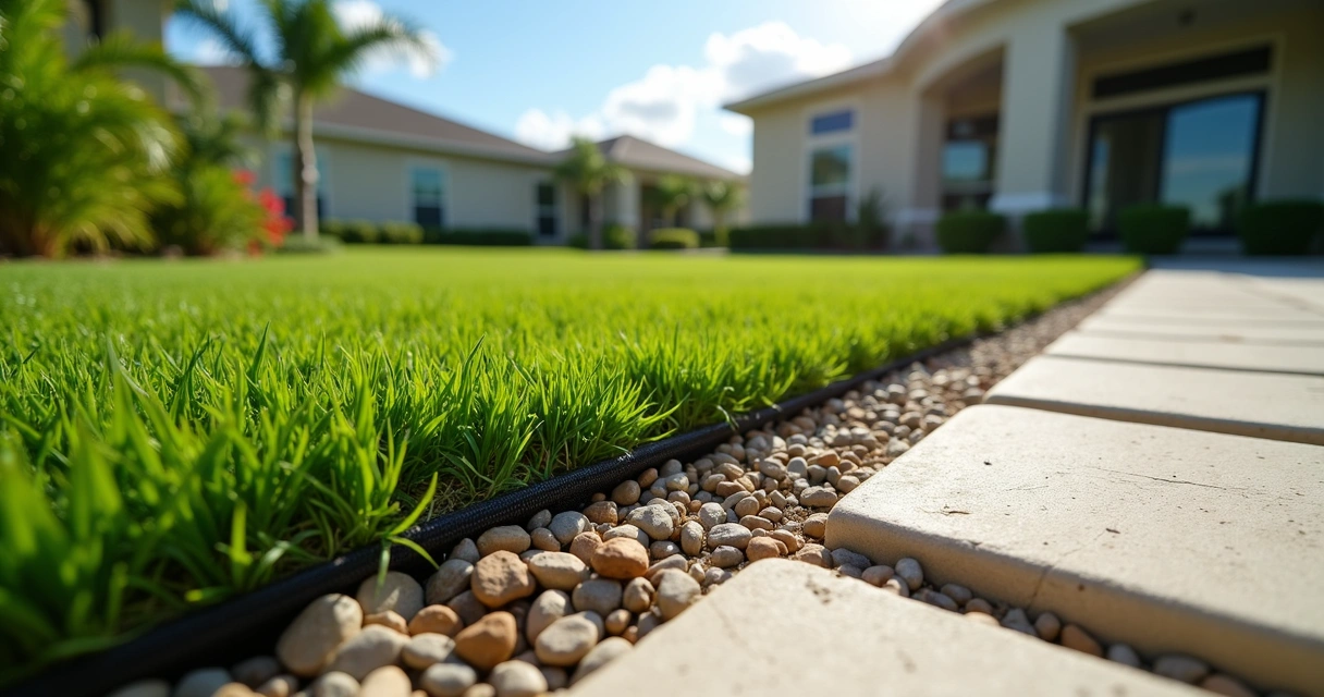 Close-up of artificial turf installation over a permeable drainage base in a sunny Florida yard 
