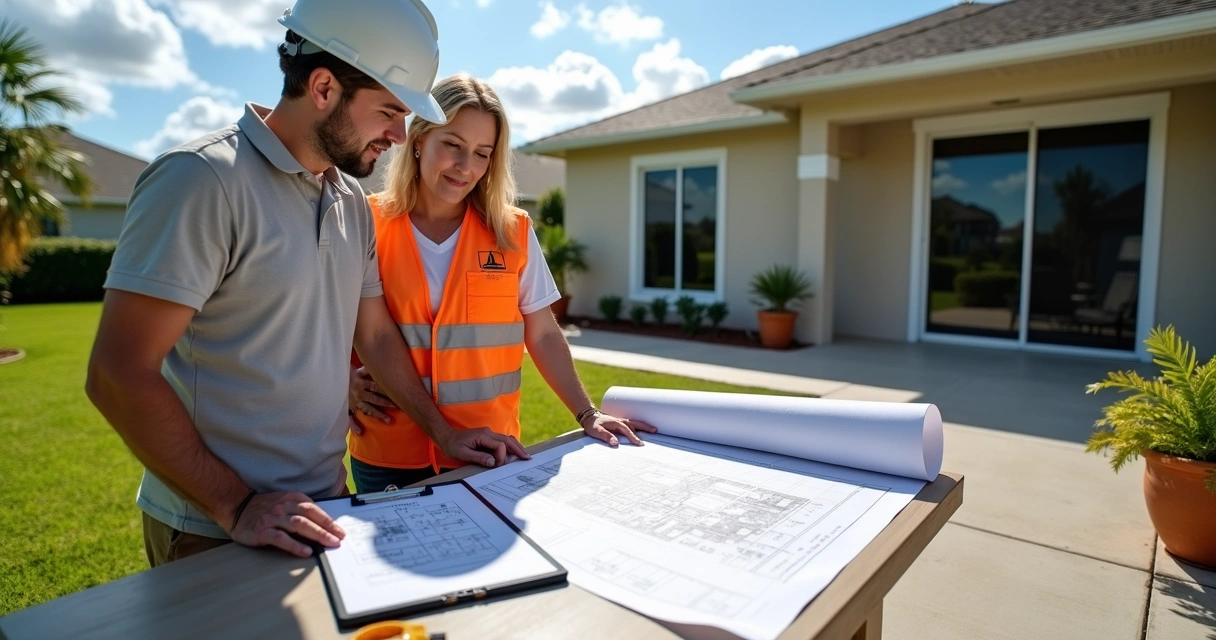 Contractor reviewing backyard patio plans with homeowner in Florida 