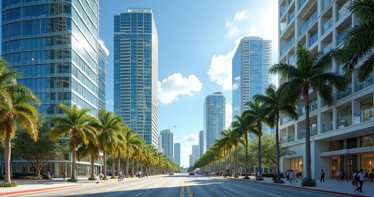 Modern office buildings and palm trees under blue sky 