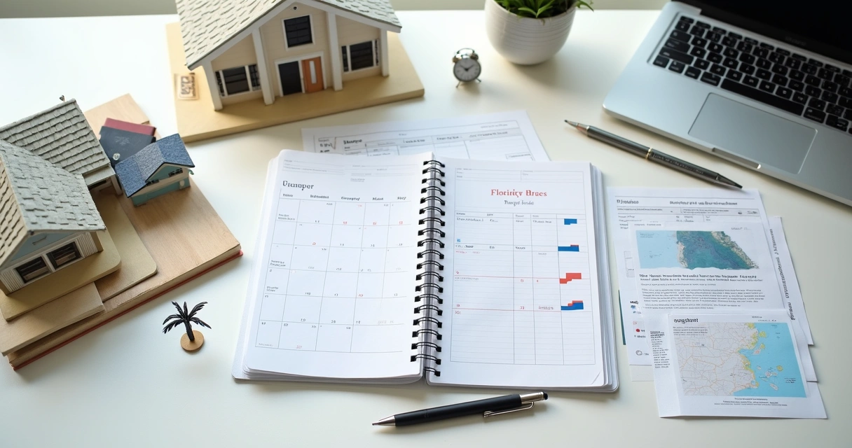 Desk scene with calendar and miniature Florida beach house showing real estate closing planning 