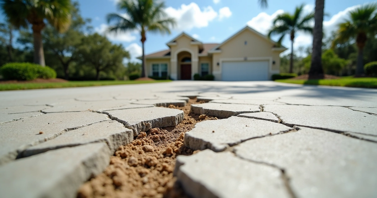 Close-up of cracked concrete driveway with palm trees and Florida home in background.