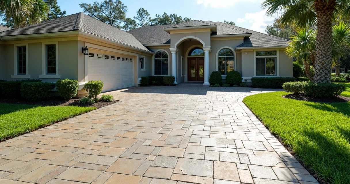 Modern Florida driveway with stamped concrete and tropical landscaping