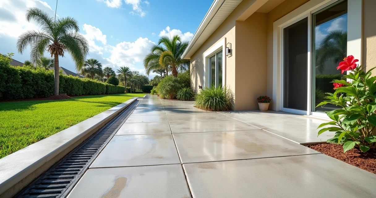 Orlando concrete patio with surface drain channel along the edge 