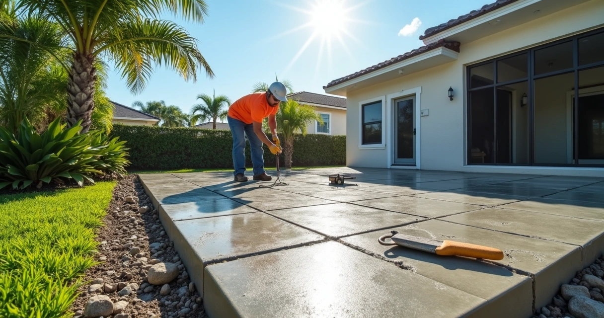 Concrete patio under construction with joints and rebar in Florida backyard 