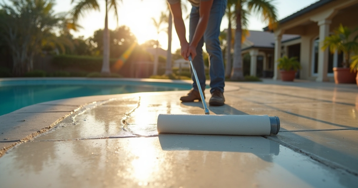 Worker sealing concrete patio for scaling prevention in Florida 