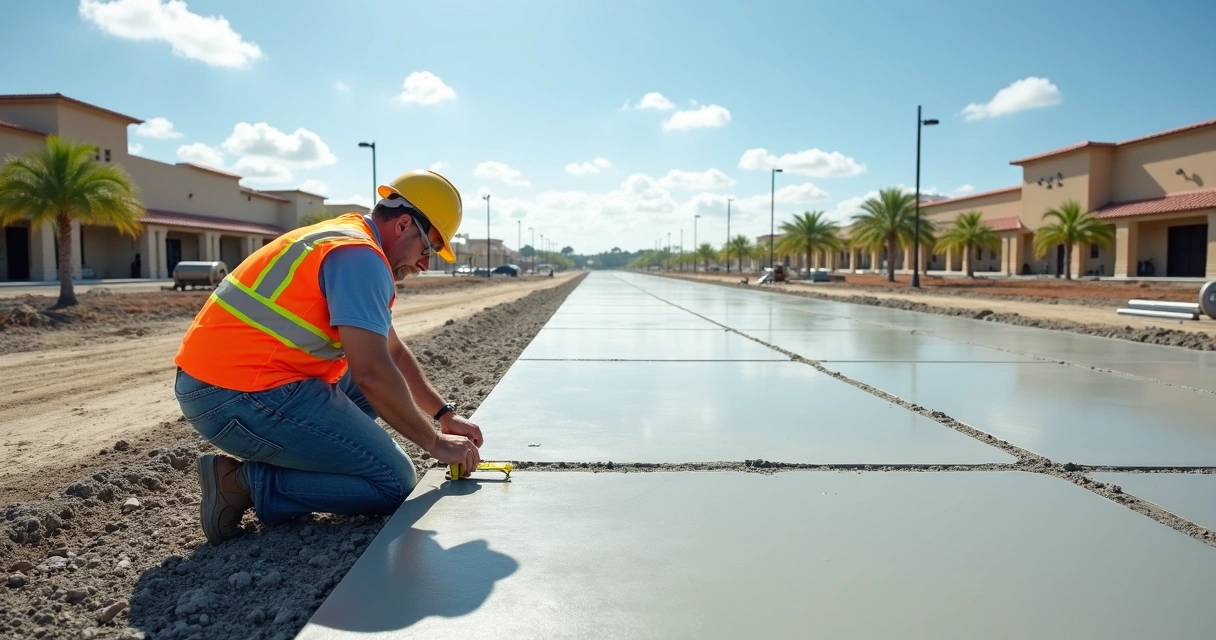 Concrete contractor marking control joints on a large Florida slab during construction 