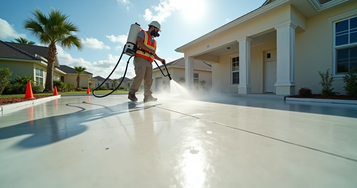 Worker spraying curing compound on fresh concrete slab in Florida sun 