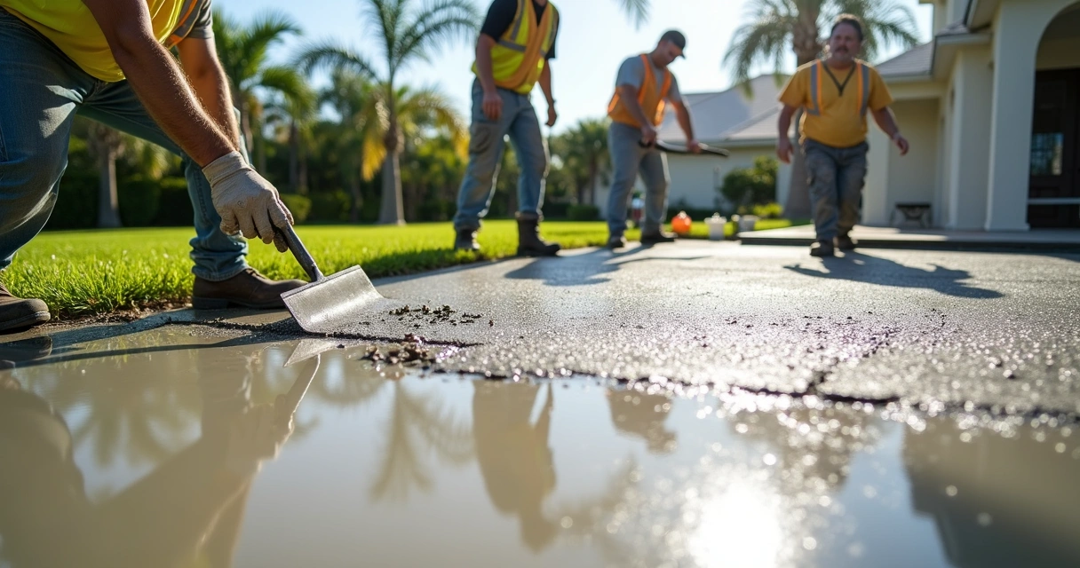 Florida workers preparing a concrete slab with fiber mesh visible in the mix