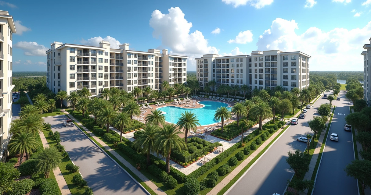 Aerial view of Florida condominiums with palm trees 